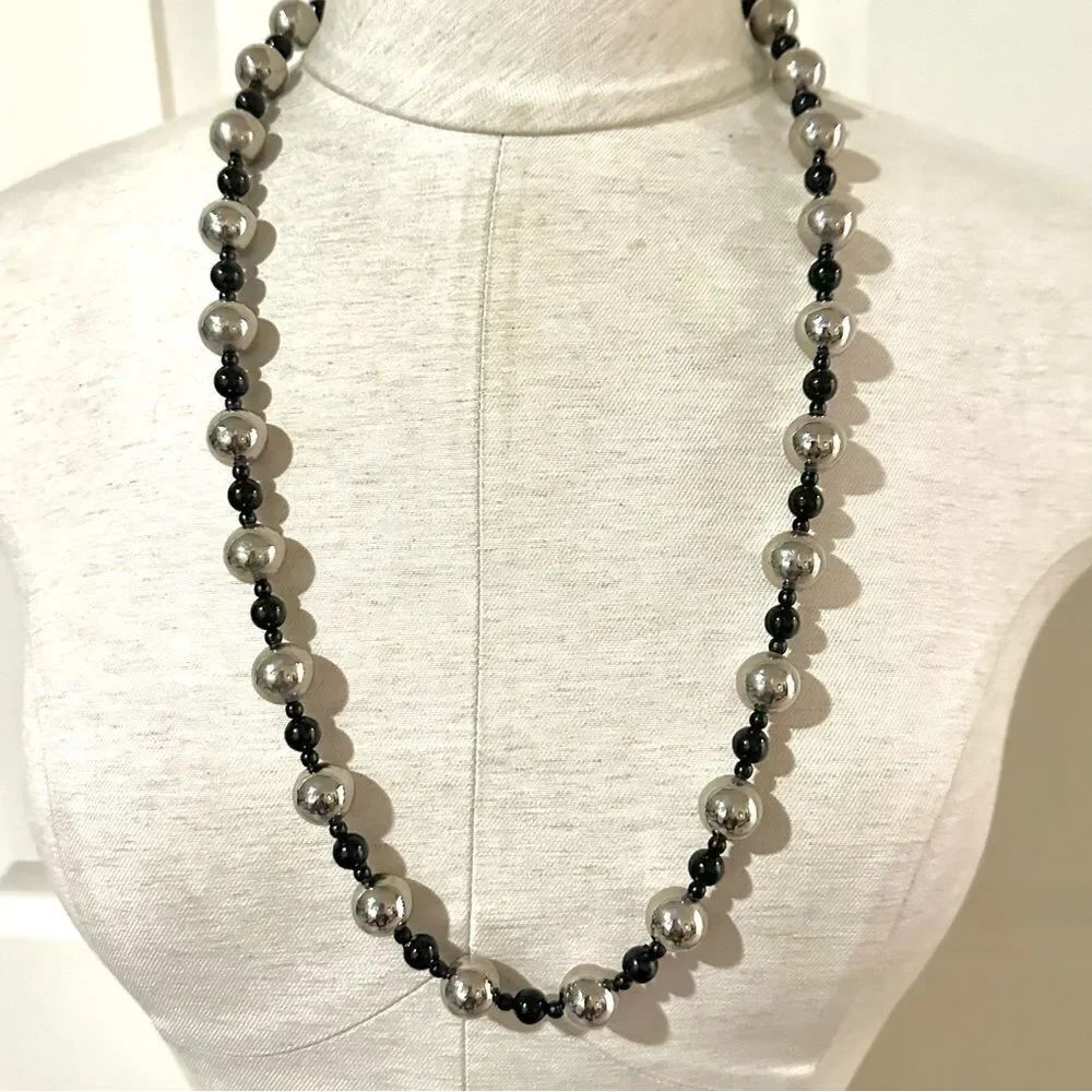 Silver tone and black beaded long necklace